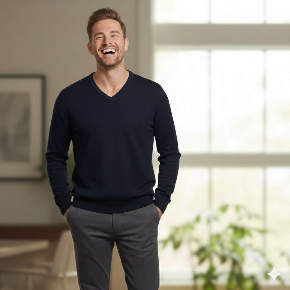 Lands' End Men's Fine Gauge 100% Supima Cotton Navy Blue V-neck Sweater, Medium